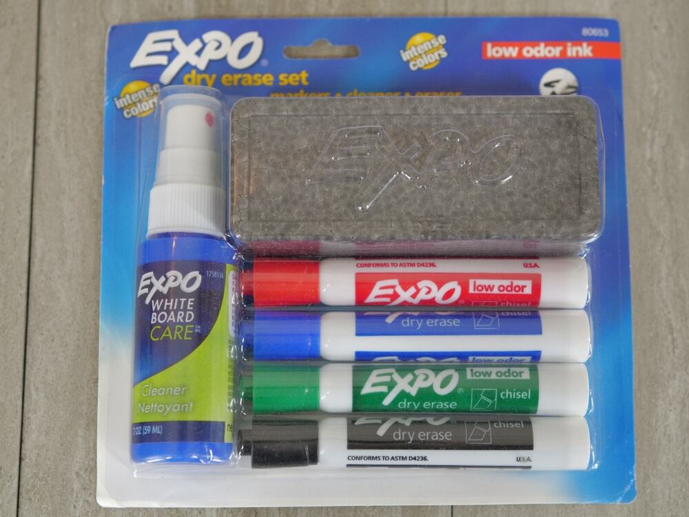 Expo Low Odor Dry Erase Marker Set with White Board Eraser and Cleaner | Chisel